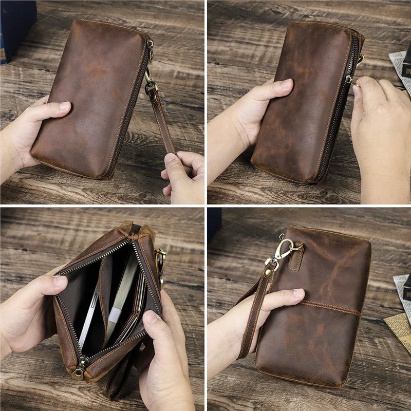 CONTACT'S Vintage Men's Clutch Bag RFID Genuine Leather Clutch Wallet Bag Casual Long Purse Large Capacity Travel Handbag Male