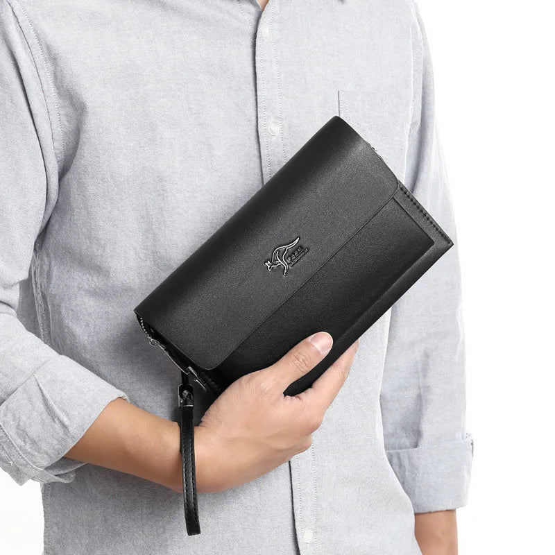 Men's Large Capacity Code Lock Handbag PU Leather Business Bag with Zipper Long Wallet Black Brown Casual Phonebag for Men 2026
