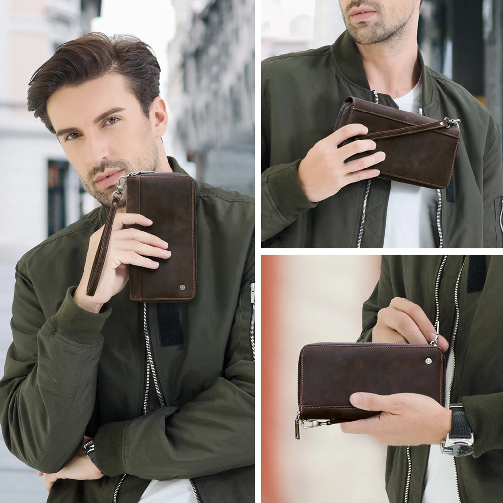 Contact'S Genuine Leather Men's Wallet Clutch Bag Card Holder Long Wallets Double Zipper Large Capacity Vintage Male Purses