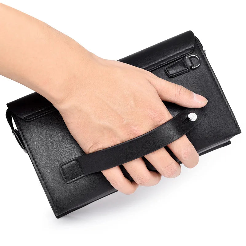Men's Large Capacity Code Lock Handbag PU Leather Business Bag with Zipper Long Wallet Black Brown Casual Phonebag for Men 2026